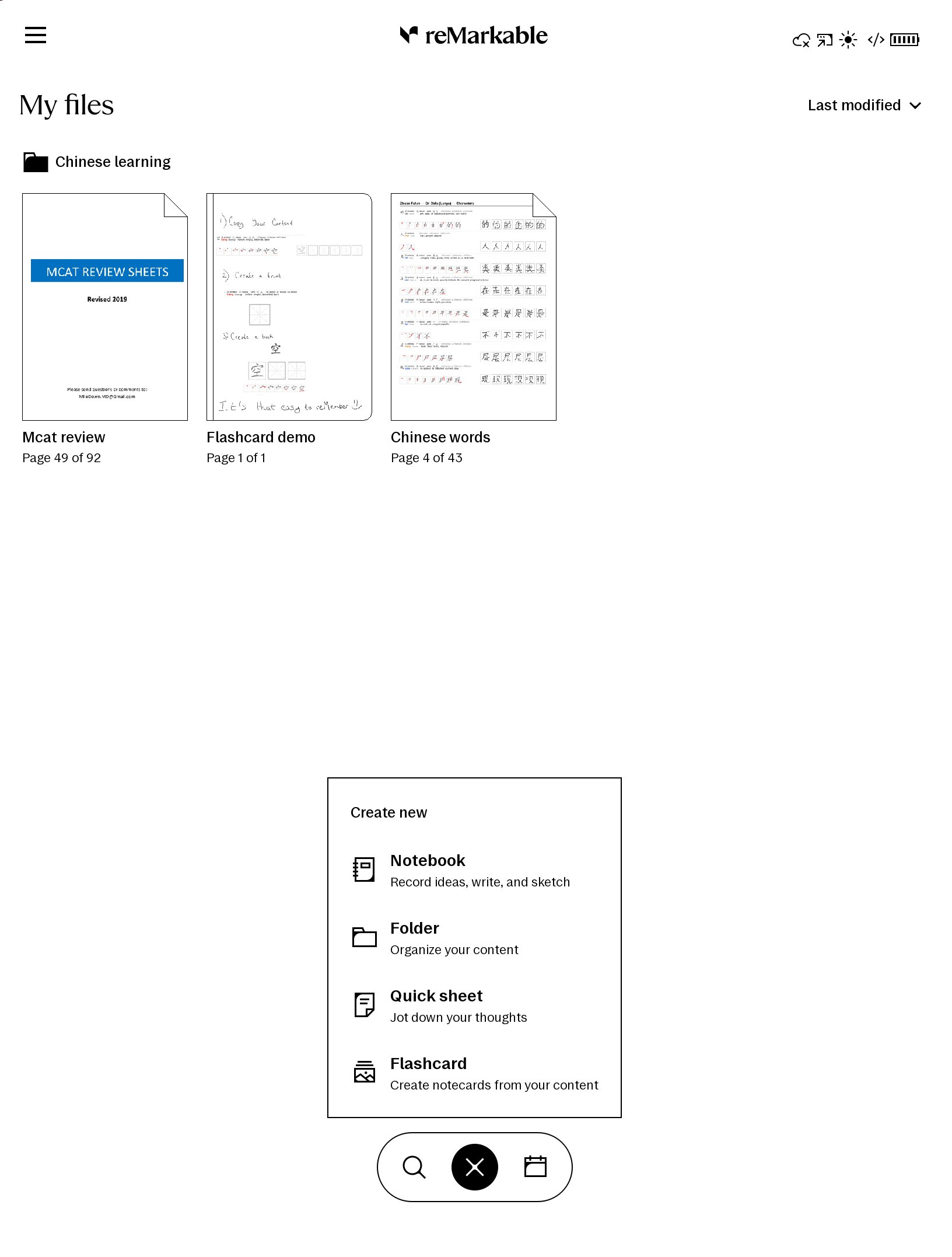reMarkable home create menu showing Notebook, Folder, Quick sheet, and Flashcard